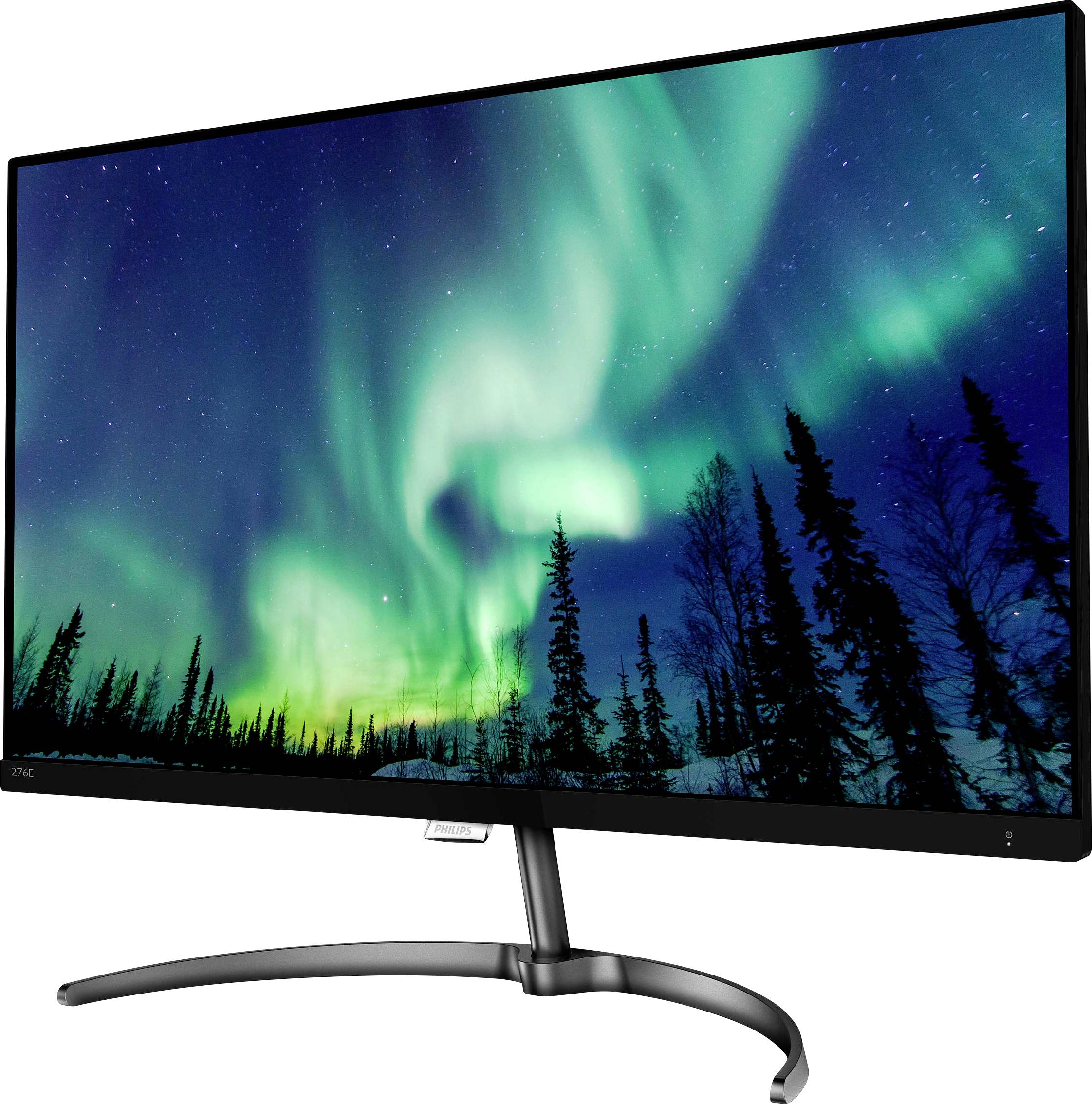 Plochý displej zobrazuje živý obraz polární záře nad zalesněnou krajinou. Ostré hrany a moderní design.