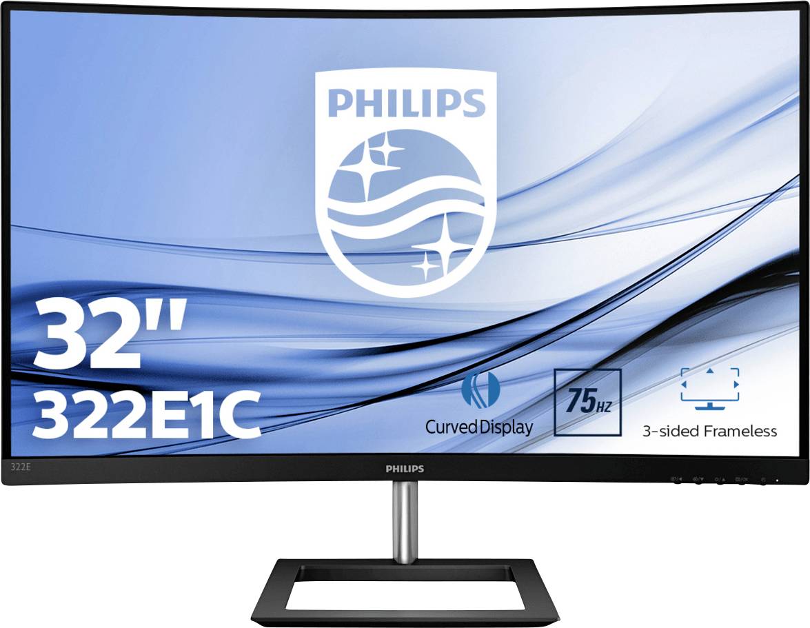 32palcový zakřivený monitor Philips, model 322E1C, s obnovovací frekvencí 75 Hz a bezrámečkovým designem na třech stranách je zde zobrazen.