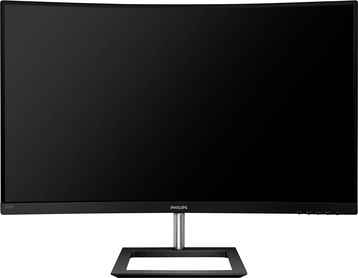 Černý zakřivený monitor Philips s úzkým rámečkem a několika tlačítky na pravé spodní straně umístěný na obdélníkovém stojanu.