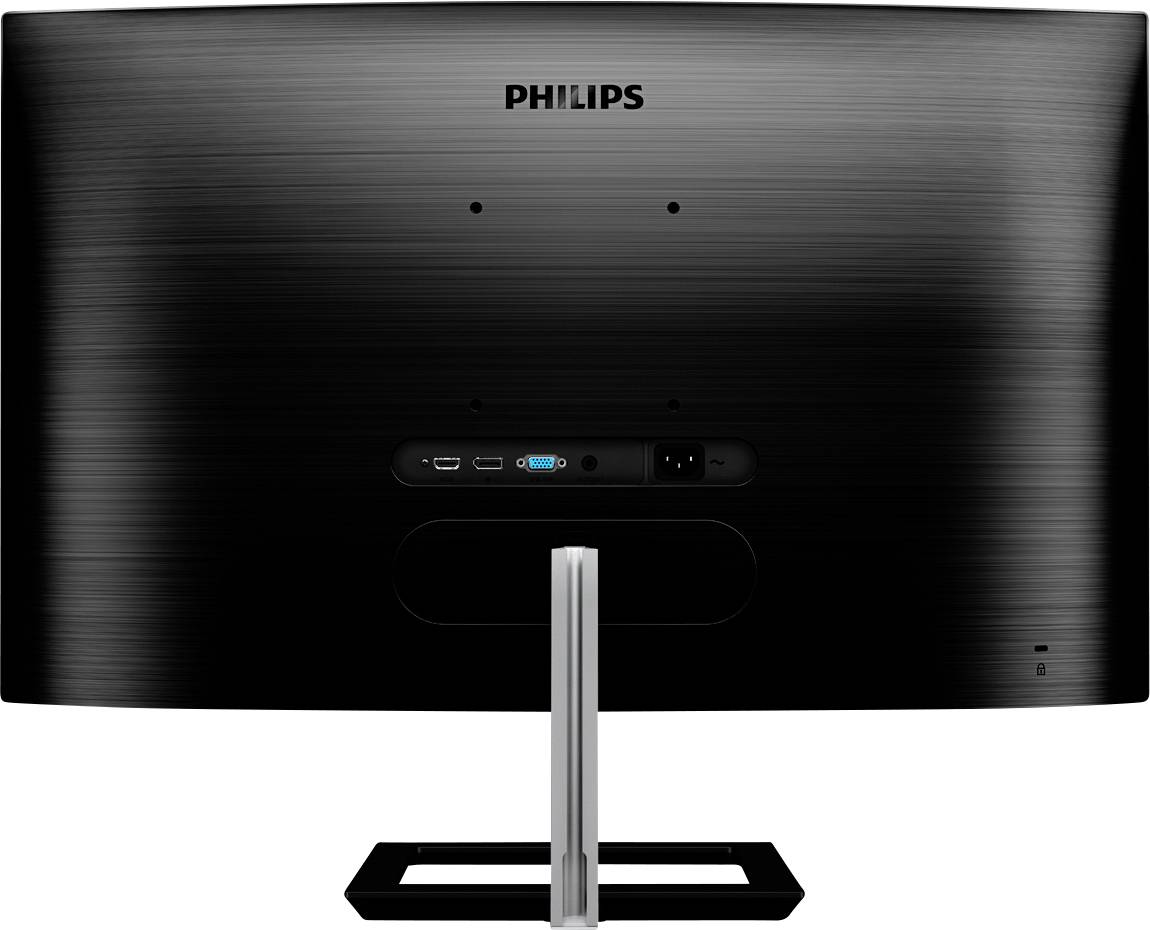 Zadní pohled na černý počítačový monitor Philips s HDMI a USB porty, umístěný na stříbrném stojanu.