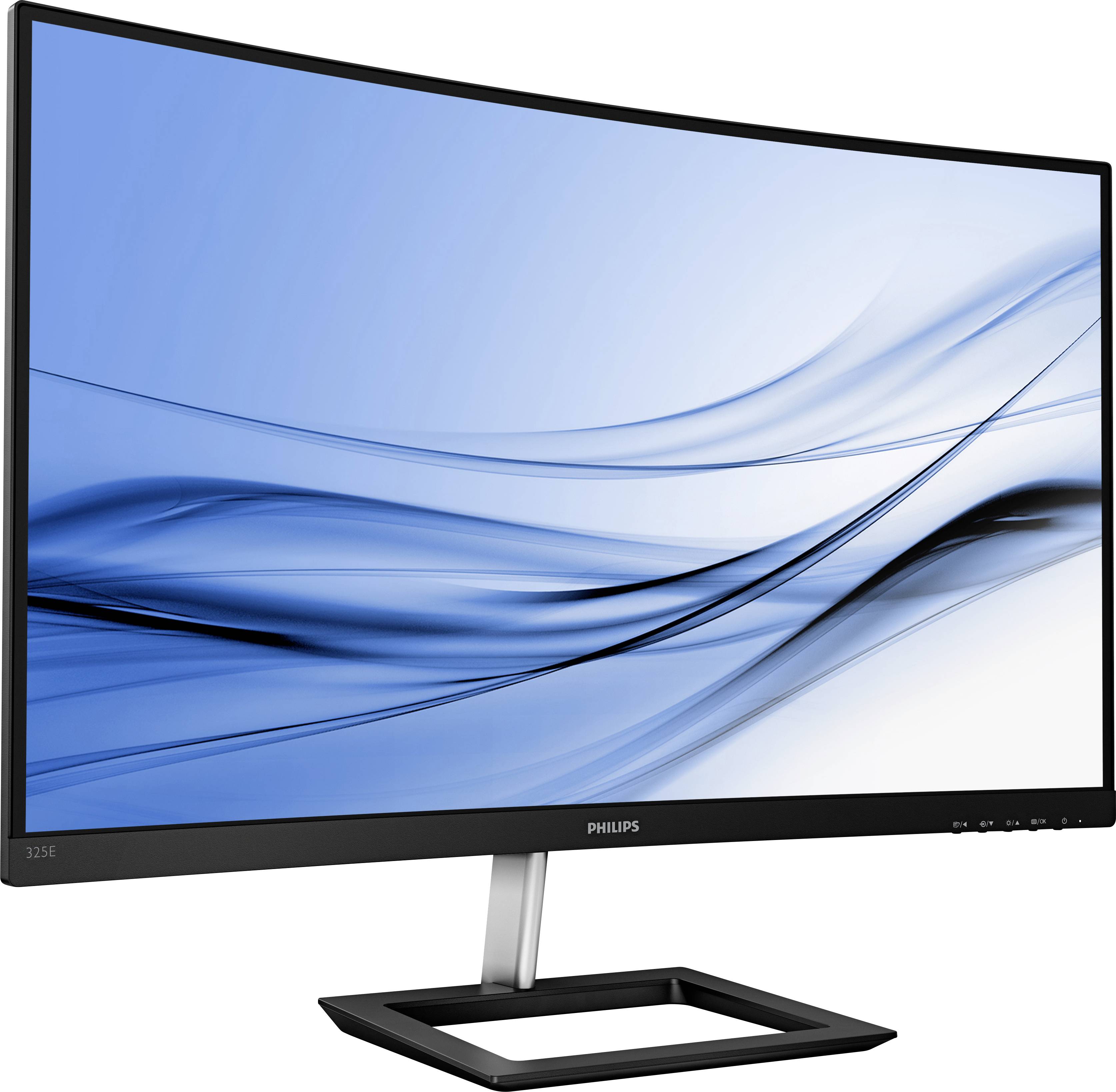 Zakřivený monitor Philips s elegantním designem zobrazuje abstraktní modré pozadí na obrazovce.