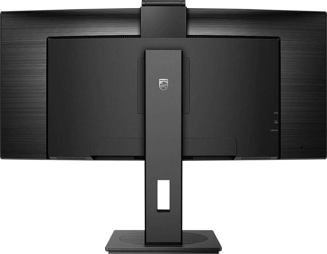 Pohled zezadu na černý počítačový monitor s úzkým stojanem, zobrazený uprostřed obrazu.