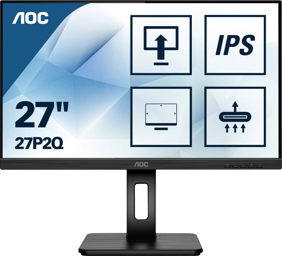 27palcový monitor AOC, model 27P2Q, s IPS technologií a symboly pro nastavení výšky, náklonu a otočení.