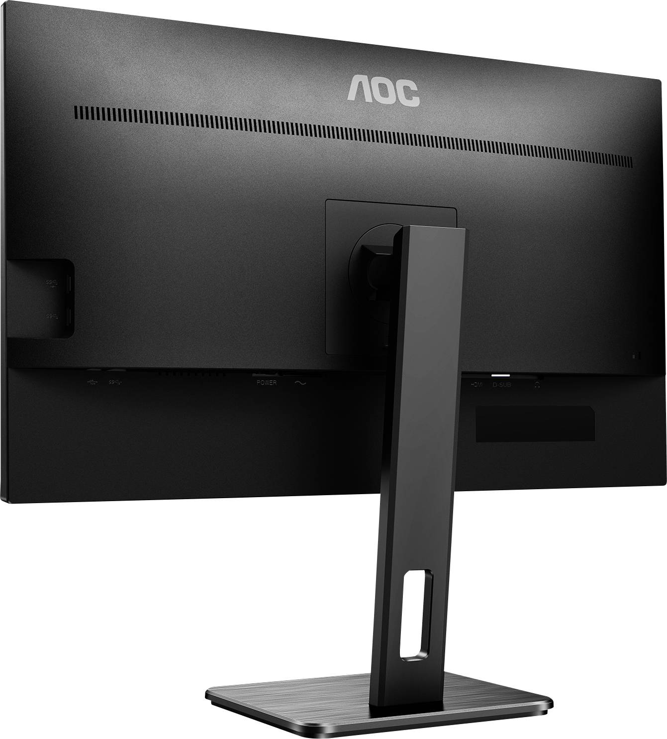 Černý monitor AOC pohledem zezadu s obdélníkovým stojanem a úzkým rámečkem, umístěný na psacím stole.