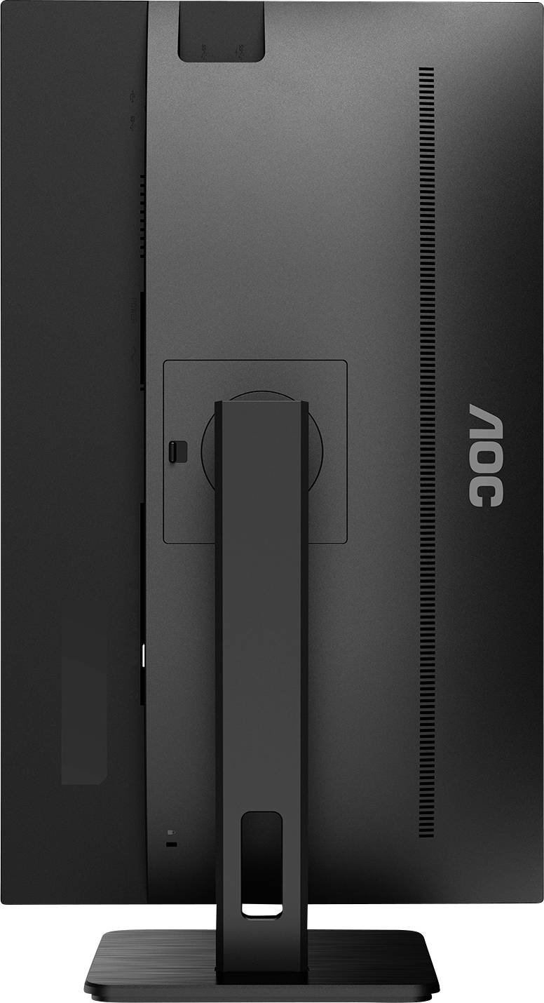 Zobrazený monitor ukazuje zadní stranu černého volně stojícího monitoru značky AOC s obdélníkovým stojanem pro podporu.
