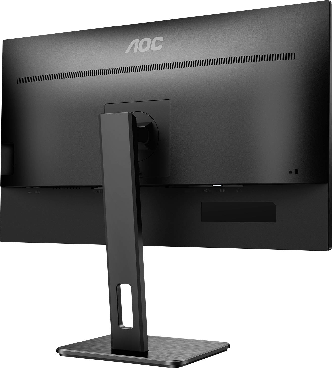 Černý počítačový monitor značky AOC pohledem zezadu, umístěný na obdélníkovém stojanu.