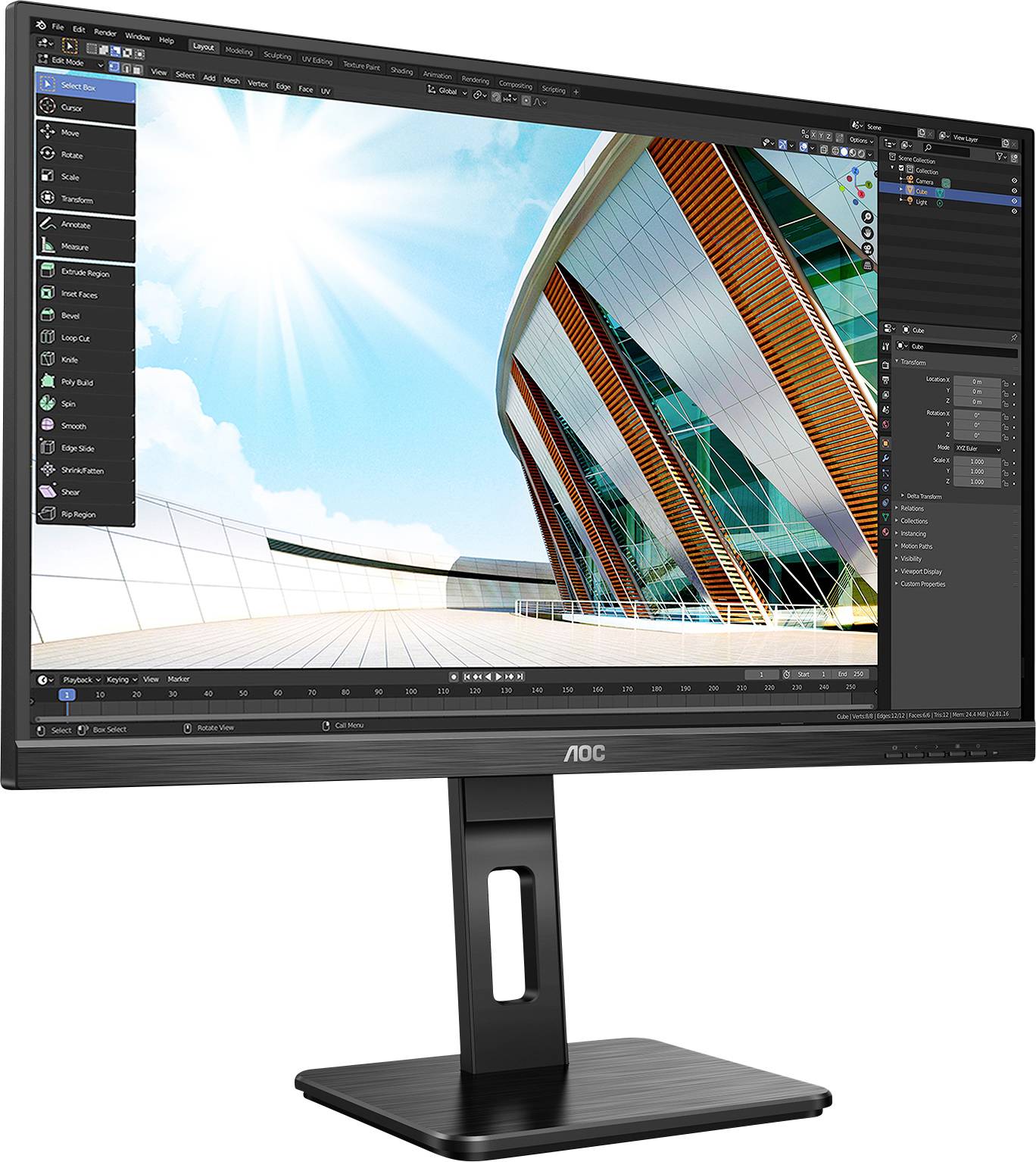 Počítačový monitor zobrazuje program pro architektonické renderování s moderní budovou a modrou oblohou.