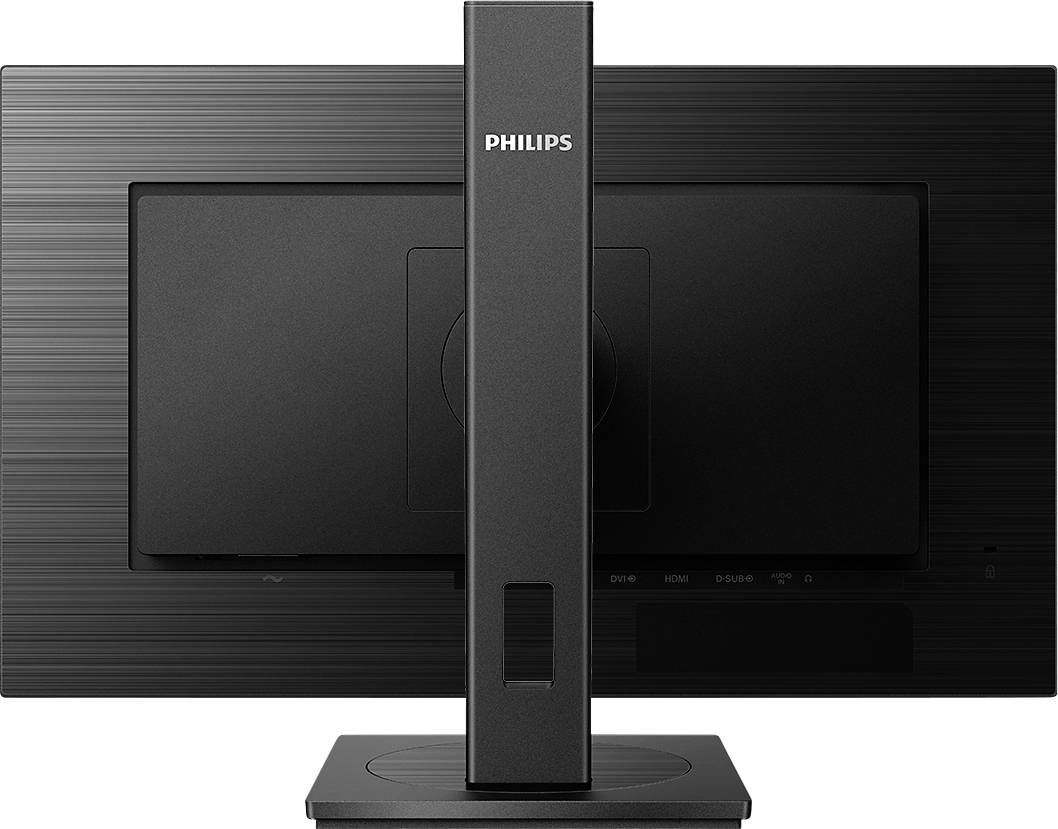Zadní strana plochého monitoru s štíhlou, elegantní podstavou. Monitor nese logo 'Philips'.