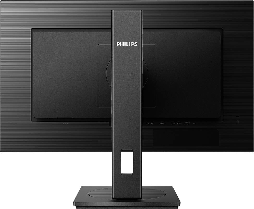 Zadní pohled černého počítačového monitoru Philips s pevným stojanem a minimalistickým designem.