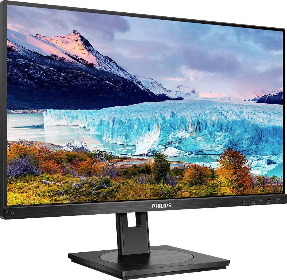 Počítačový monitor Philips zobrazuje obraz úchvatné sněhové krajiny s horami a ledovcem pod modrou oblohou.