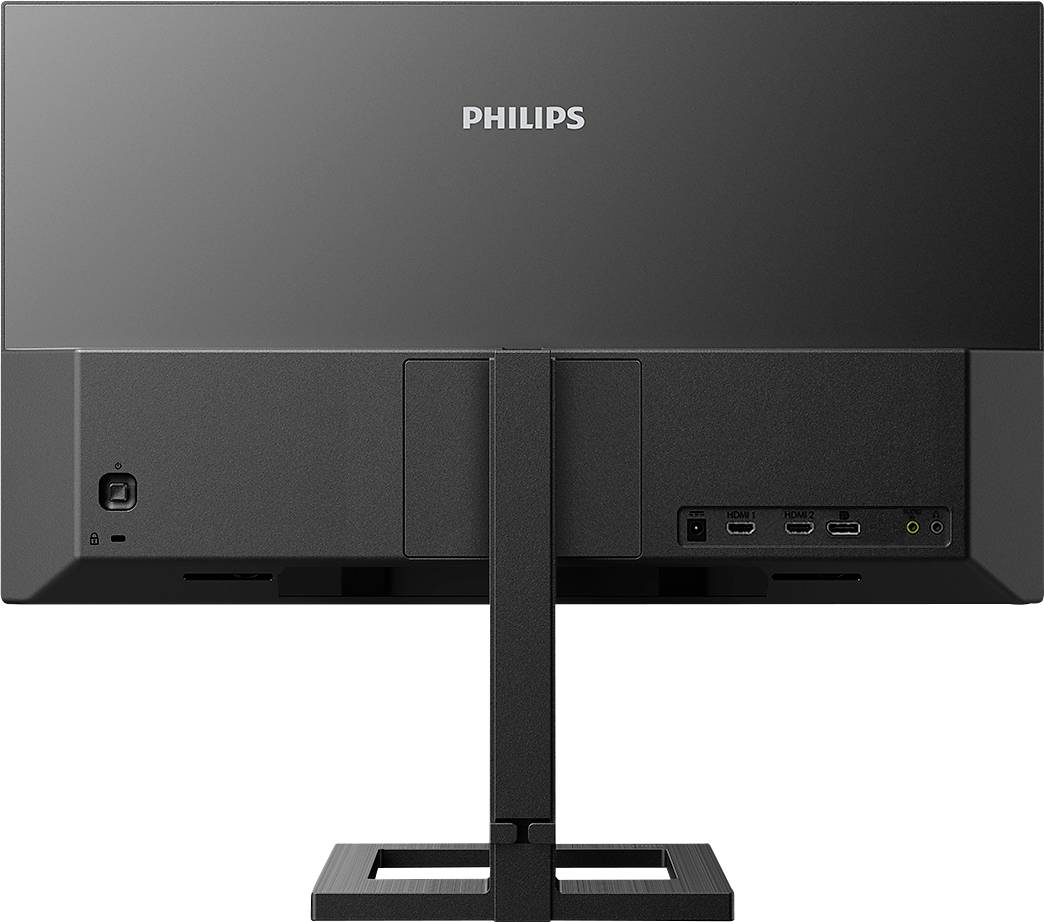 Zadní pohled na monitor Philips zobrazující připojovací možnosti jako HDMI a DisplayPort, včetně síťového napájecího konektoru.