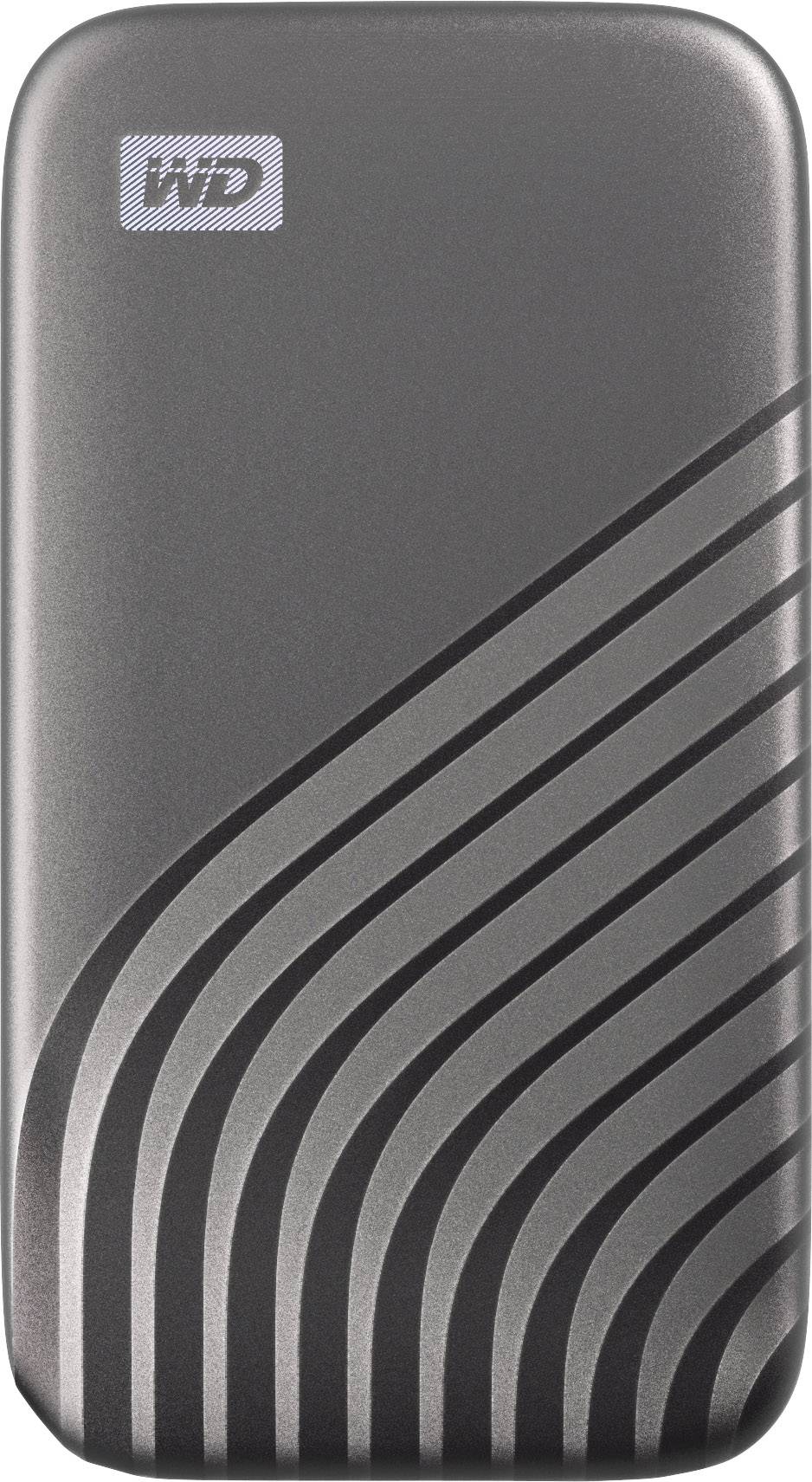 Přenosný externí pevný disk s zakřivenými liniemi na povrchu. Logo 'WD' se nachází vlevo nahoře.