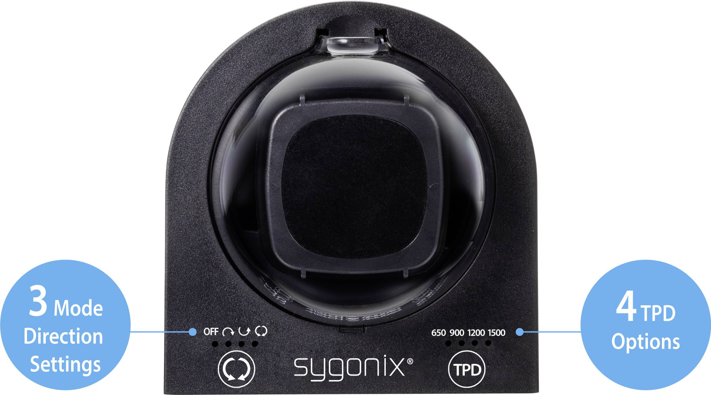 Černý, kulatý držák přístroje s nápisem 'sygonix'. Disponuje 3 nastaveními módu a 4 možnostmi TPD.