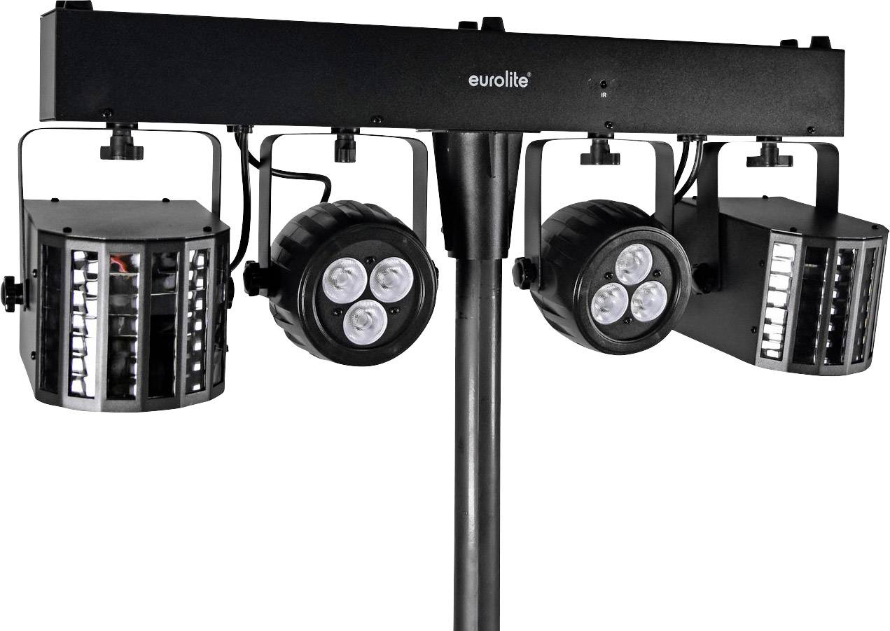 LED osvětlovací systém se čtyřmi reflektory na stativu určený pro jevištní nebo párty použití.