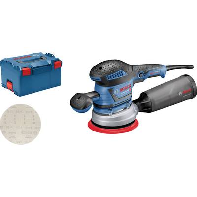 Bosch excentrická bruska s nádobkou na prach, modrým kufříkem a brusným kotoučem.