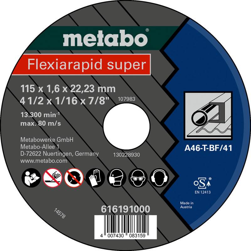 Štítek pro Metabo 'Flexiarapid super' brusný řezný kotouč, velikost 115 x 1,6 x 22,23 mm, s bezpečnostními ikony, model A46-T-BF/41 a čárovým kódem.
