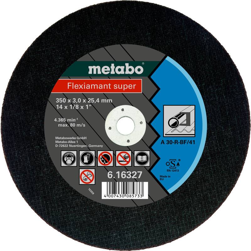 Kulatý řezný kotouč Metabo Flexiamant super o rozměrech 350 x 3,0 x 25,4 mm se čárovým kódem a bezpečnostními ikonami.