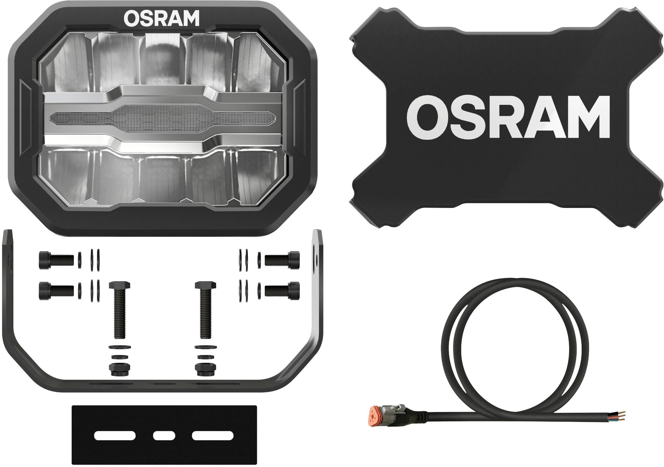 'LED světelný systém OSRAM s montážním příslušenstvím a připojovacím kabelem. Obsahuje svítidlo, držák, kabel a šrouby.'