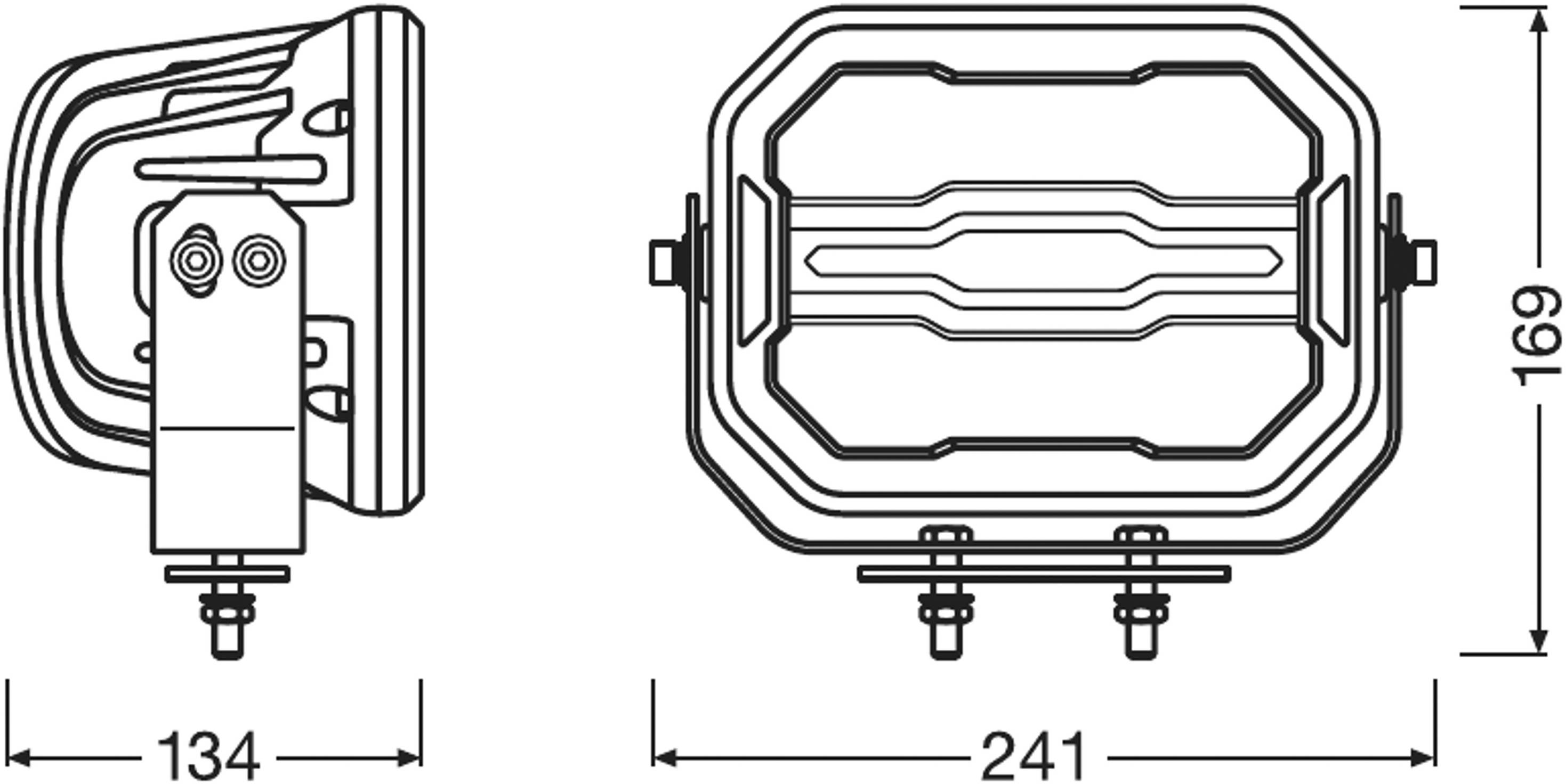 Technický výkres obdélníkového světlometu s rozměry: šířka 241 mm, výška 169 mm, hloubka 134 mm, včetně montážní konzole.