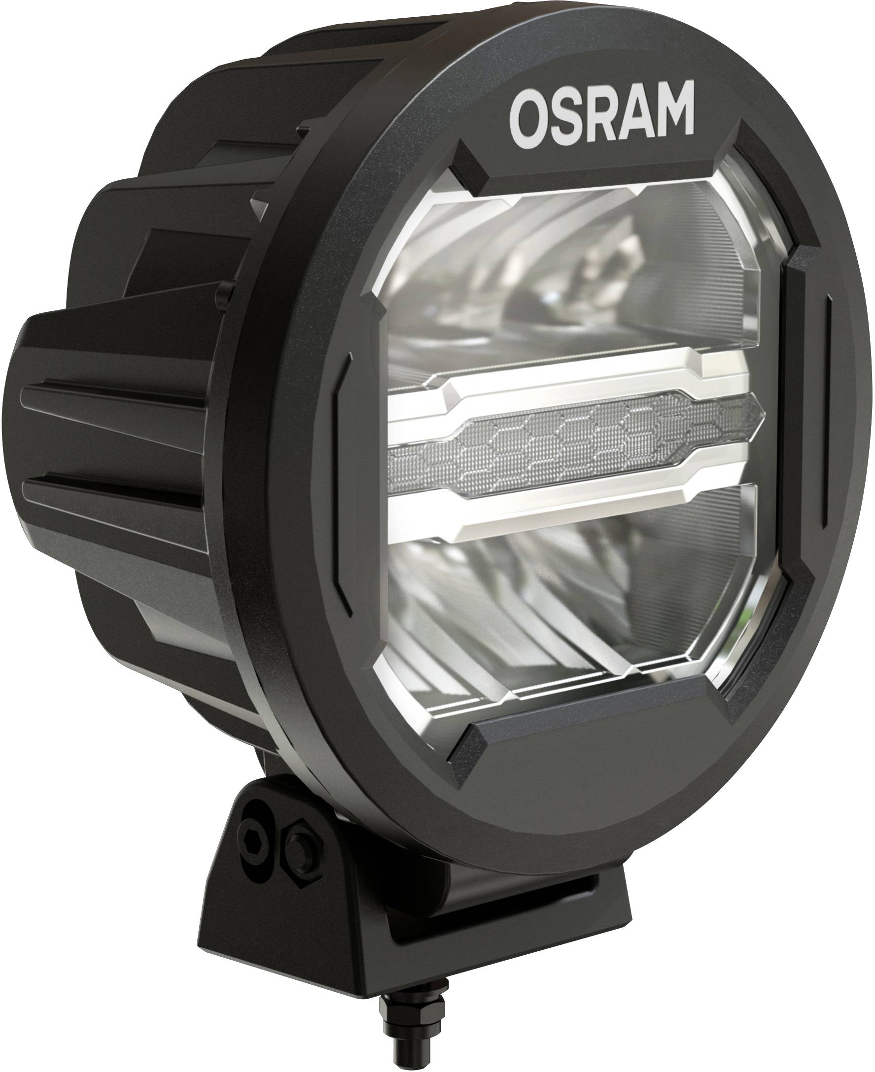 Kulatý černý LED reflektor s nápisem 'OSRAM' nahoře.