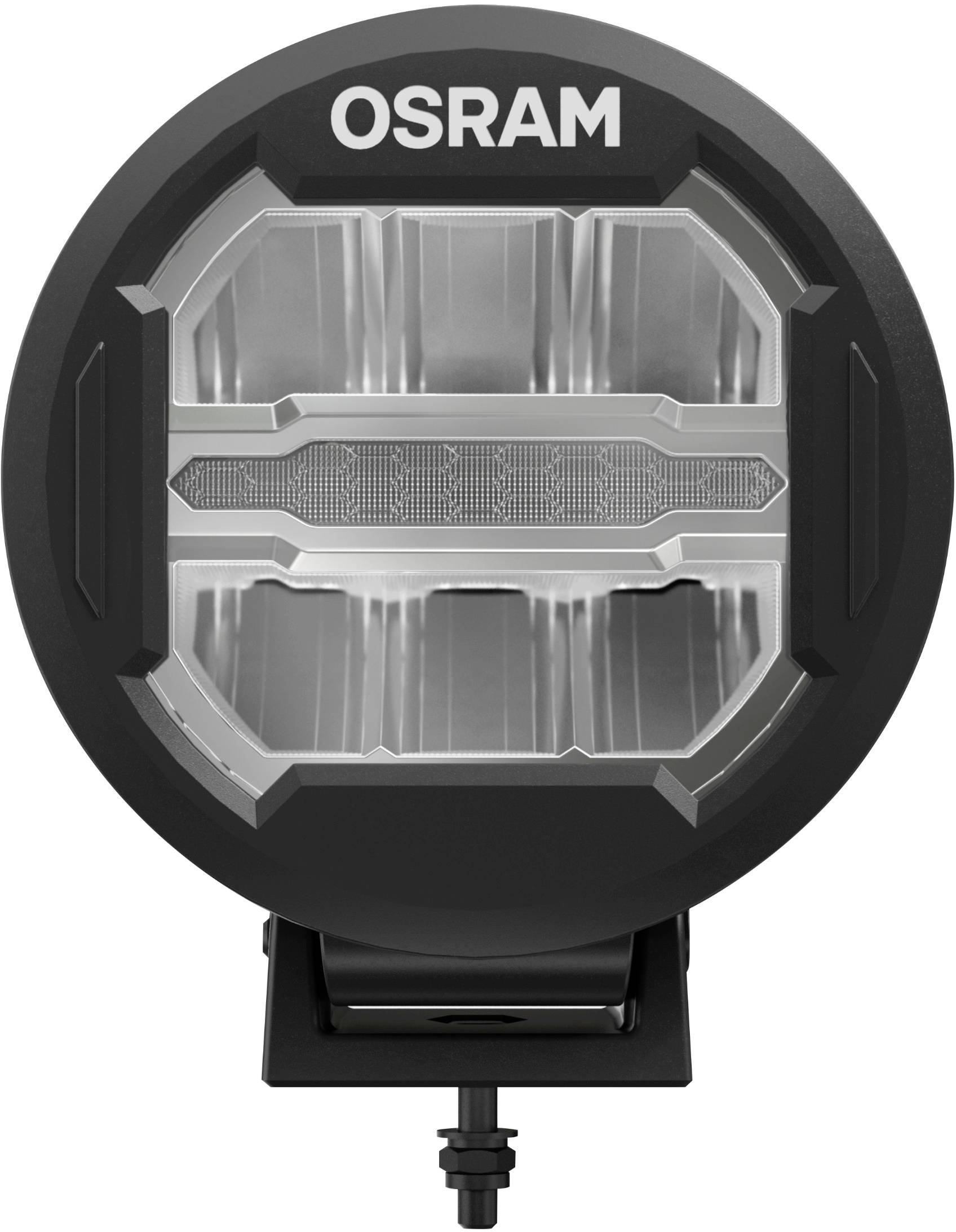LED pracovní svítidlo s nápisem 'OSRAM' nahoře. Kulatý design s několika světelnými segmenty a držákem.