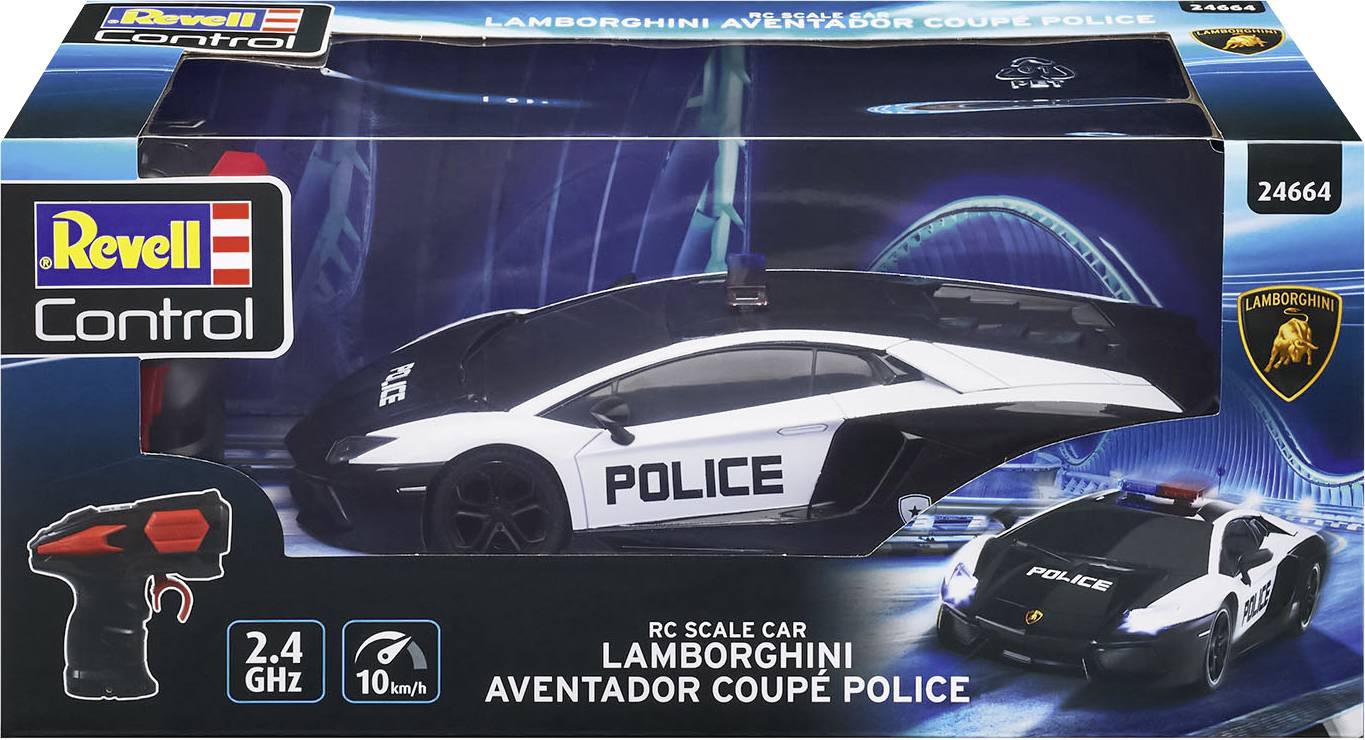 Sada hračkářského auta: RC Lamborghini Aventador Police, černá s bílými nápisy 'Police'. Včetně rádiového dálkového ovládání.