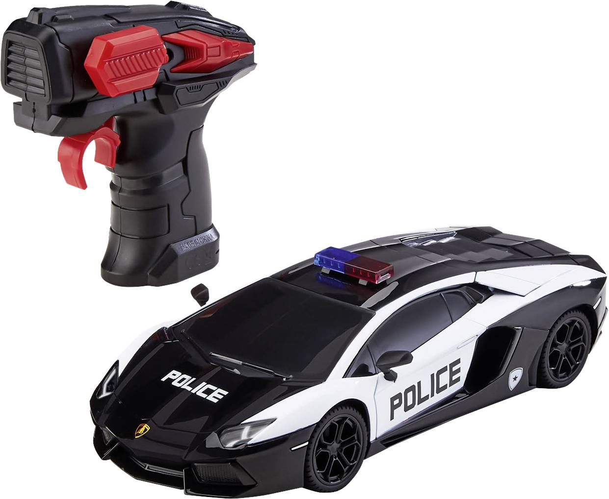 Hračkářské policejní auto v černo-bílé barvě s nápisem 'Police' a modrým majákem. K tomu černý ovladač s červenými akcenty.