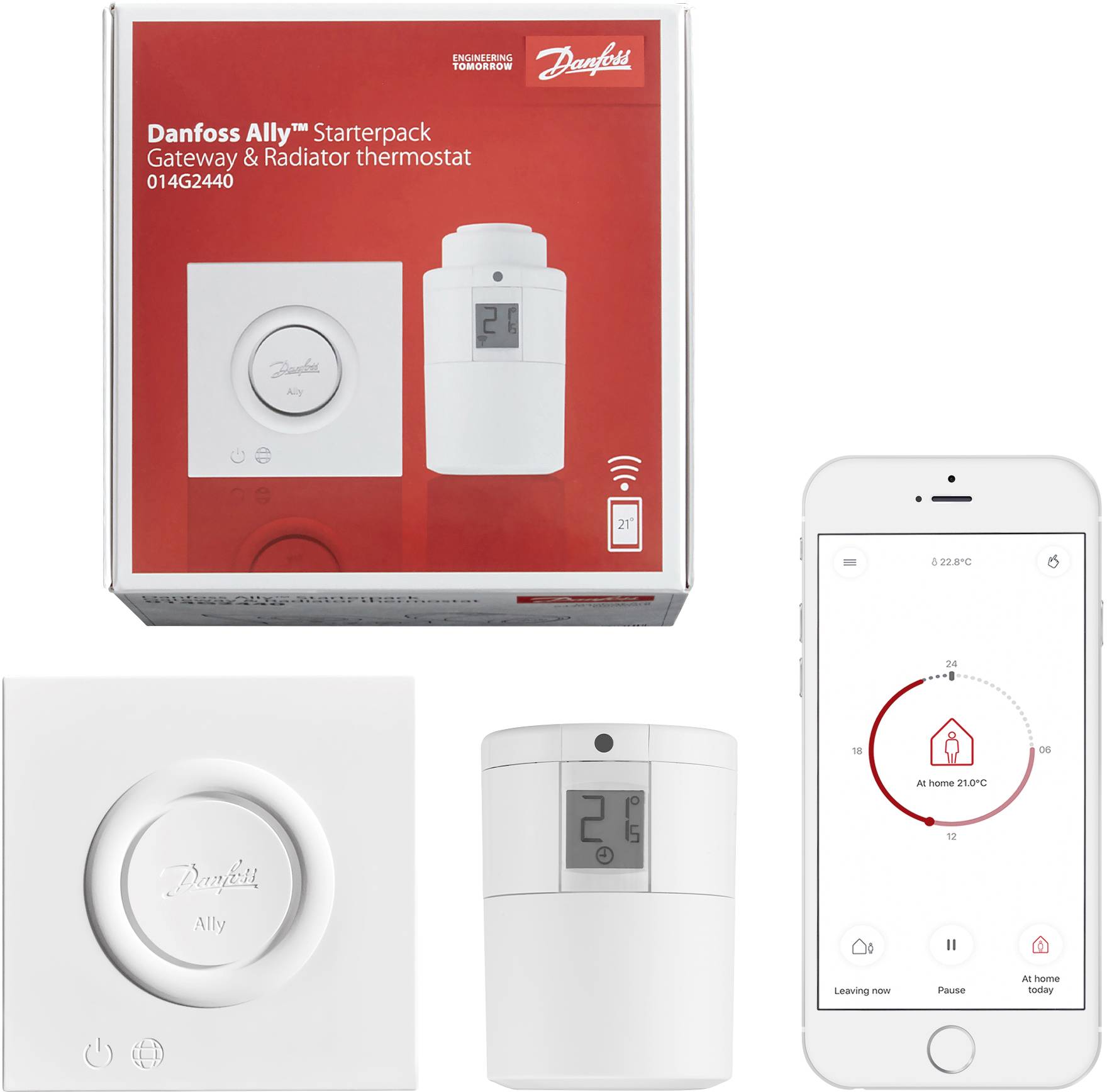Startovací sada Danfoss Ally s bránou a termostatickou hlavicí pro radiátory, zobrazená s mobilní aplikací pro pohodlné ovládání topení.