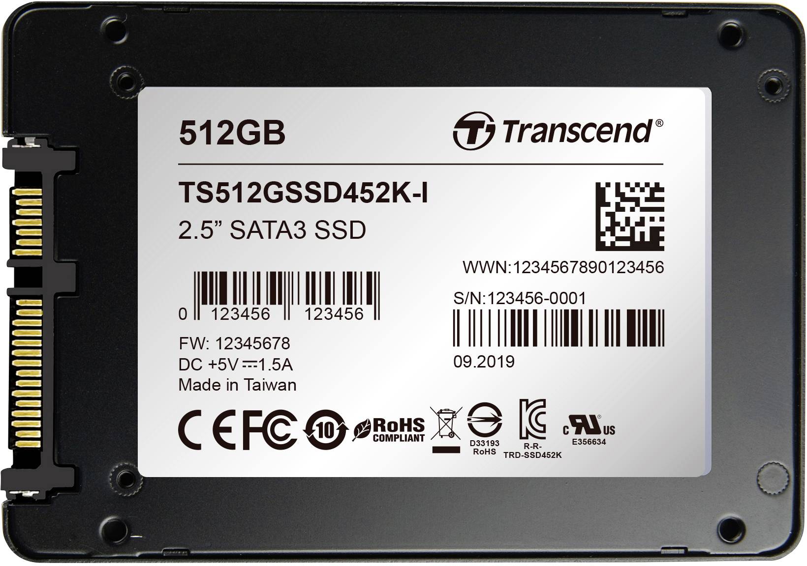 SSD disk s kapacitou 512 GB od společnosti Transcend. Model TS512GSSD452K-I, 2,5" SATA3. Sériové číslo a datum výroby na štítku.