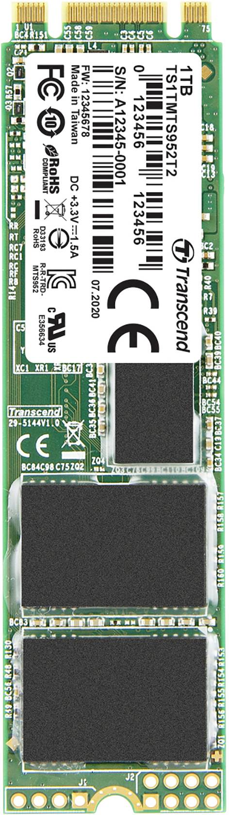 M.2 SSD se štítkem Transcend, kapacita 1 TB. Obsahuje sériové číslo a certifikační razítko. Vhodné pro rozšíření úložiště.