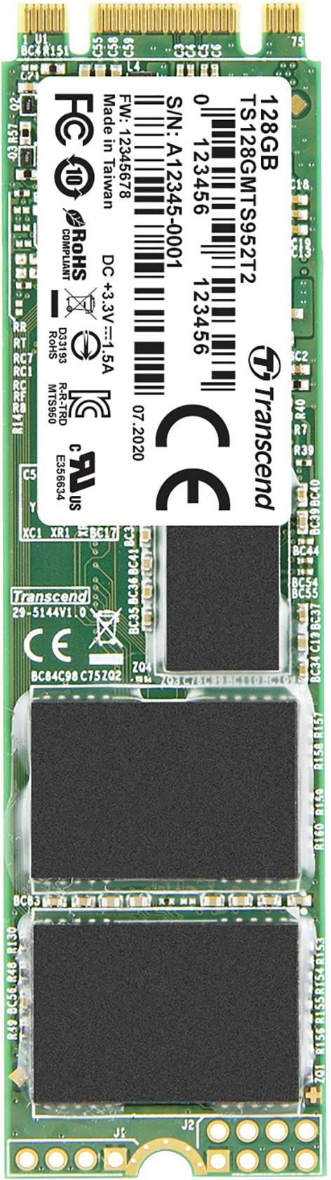 Solid-State Drive ve formátu M.2 o kapacitě 128 GB, viditelný štítek výrobce Transcend.