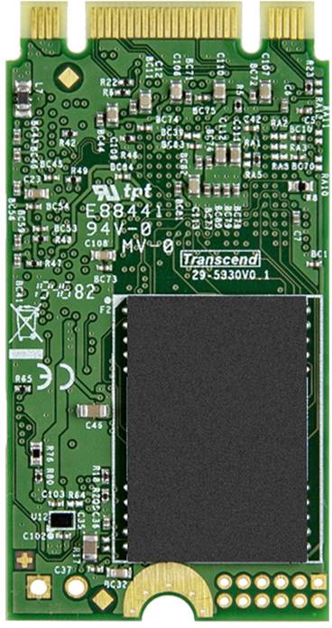 Zelená deska Transcend mSATA SSD s elektronickými komponenty a konektory pro paměťové aplikace.