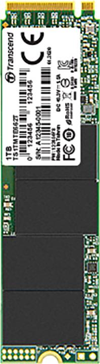 M.2 SSD s kapacitou 1 TB pro interní ukládání dat. Má štíhlý, obdélníkový tvar a zobrazuje různé technické potisky.