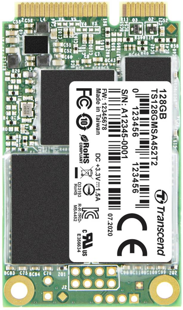 Úložné zařízení Transcend 128GB mSATA SSD s různými technickými údaji a certifikačními logy.