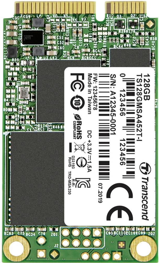 SSD karta s 128 GB od společnosti Transcend. Štítek zobrazuje sériové číslo, rok výroby 2019, elektrické napětí. Formát: mSATA.