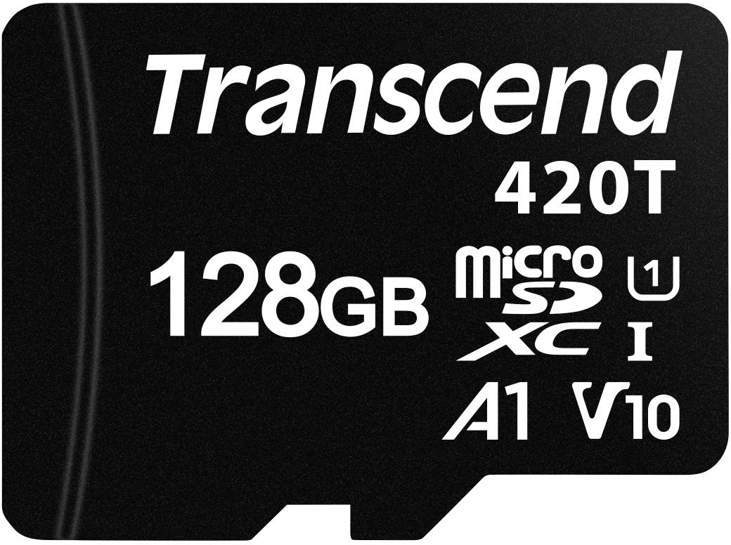 Černá mikro SD karta od Transcendu, model 420T, s kapacitou 128 GB, klasifikovaná jako U1, V10, A1, microSDXC typ I.