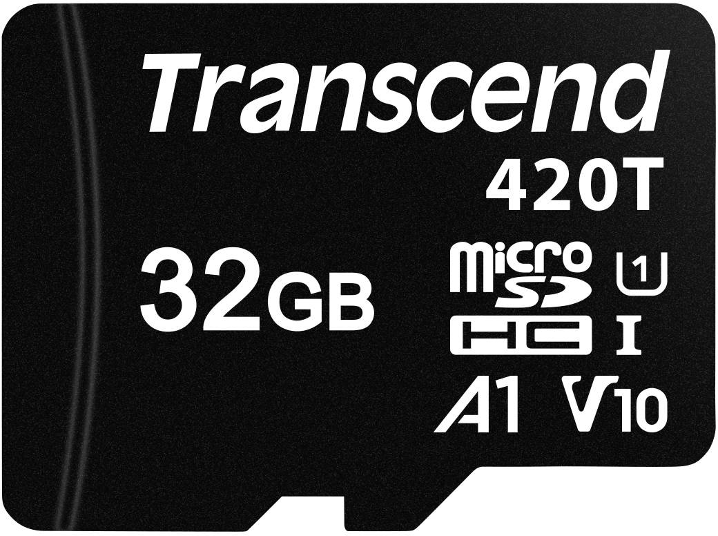 Karta Transcend 420T microSD s kapacitou 32 GB, rychlostní třídou U1, A1 a V10, vhodná pro multimédia a aplikace.