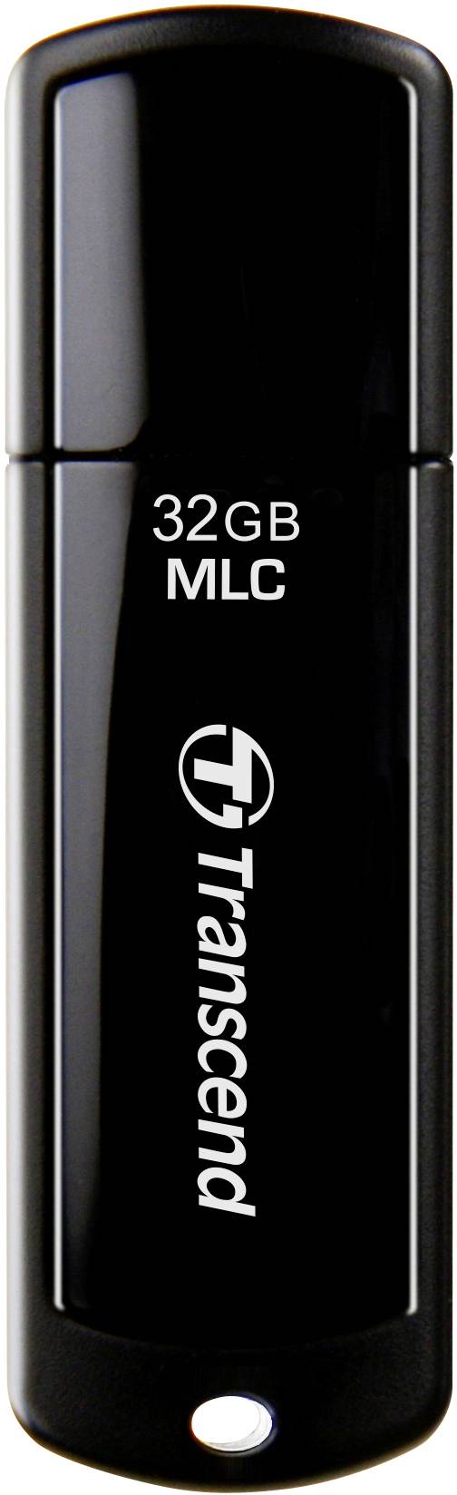 Černý USB flash disk značky Transcend s nápisem '32GB MLC', vhodný pro ukládání a přenos digitálních dat.