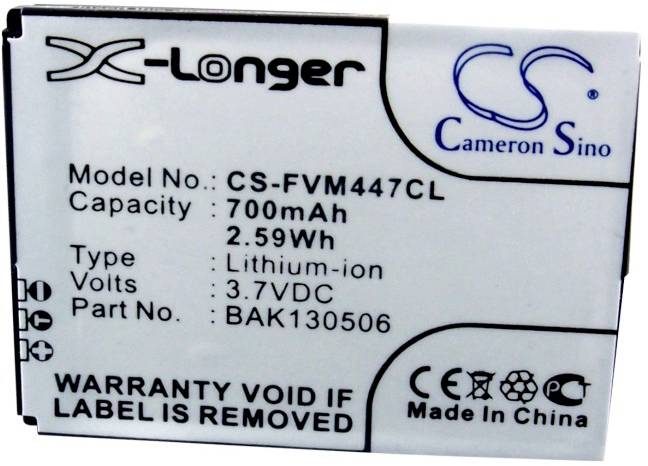Lithium-iontová baterie od Cameron Sino, model CS-FVM447CL, kapacita 700mAh, 3,7V, s upozorněním, že odstranění štítku znamená ztrátu záruky.
