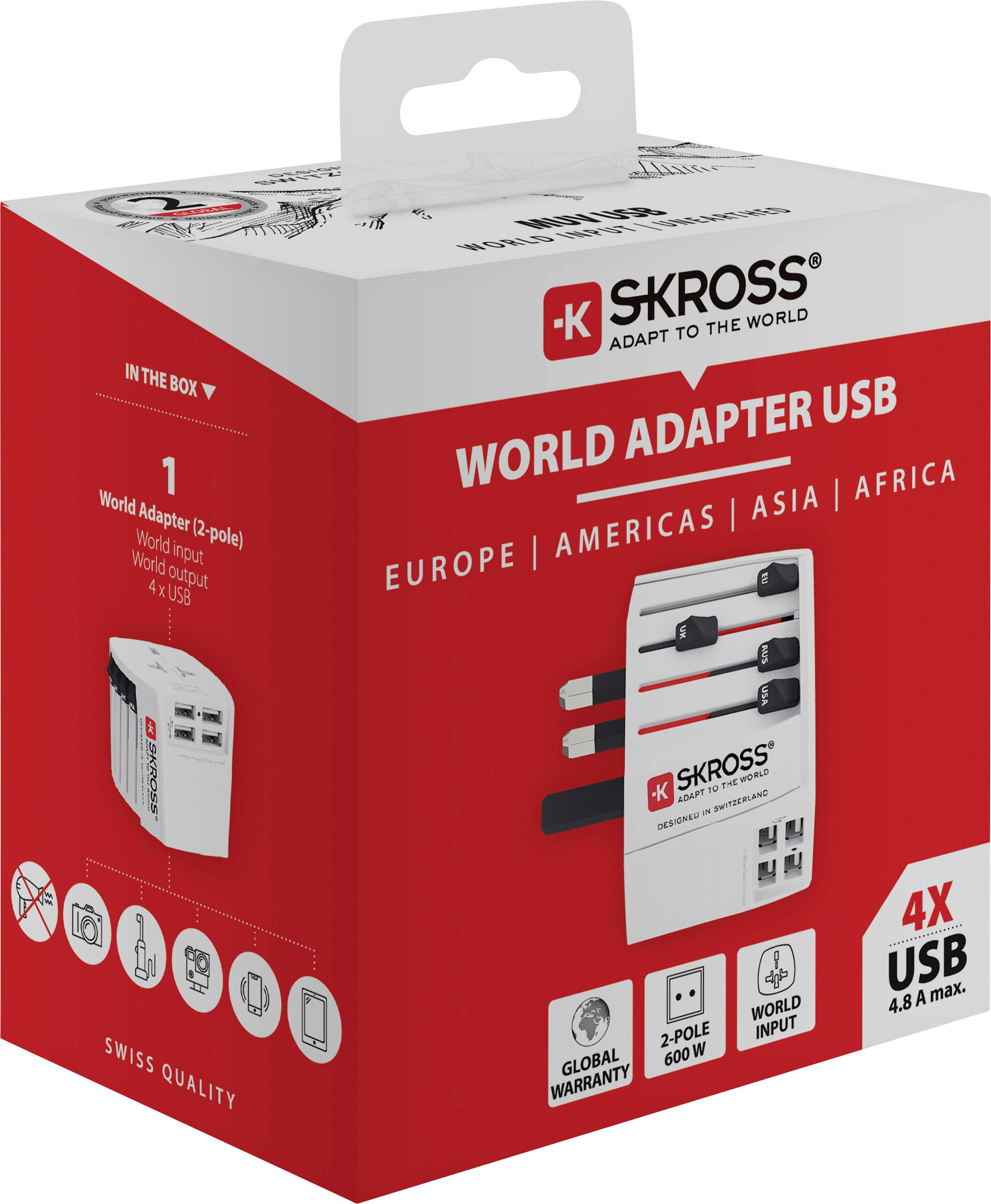 Červený obal adaptéru SKROSS World Adapter USB. Adaptér pro Evropu, Ameriku, Asii, Afriku se 4 USB porty, max. 4,8 A.