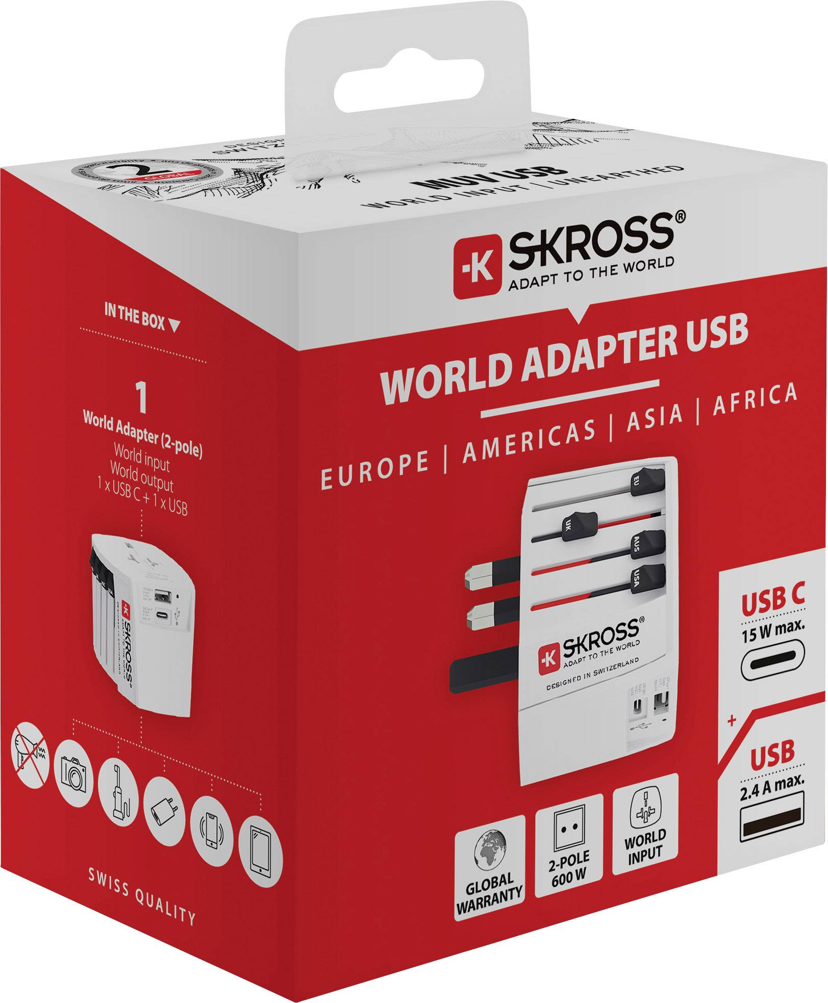 Červený adaptérový karton od Skross pro USB konektory, vhodný pro Evropu, Ameriku, Asii a Afriku. Na kartonu je nápis „World Adapter USB".