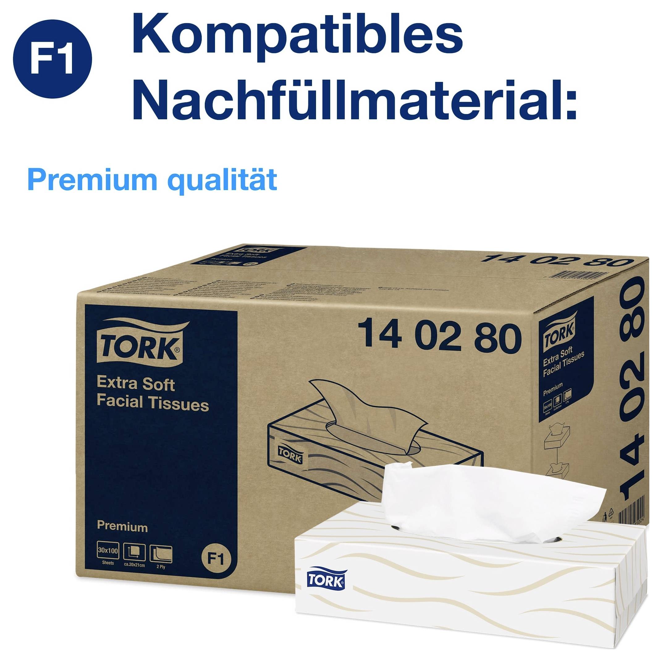 Reklamní obrázek pro Tork F1 kompatibilní náplňový materiál: prémiové měkké papírové kapesníky v kartonu a zásobníku, s číslem produktu 14 02 80.