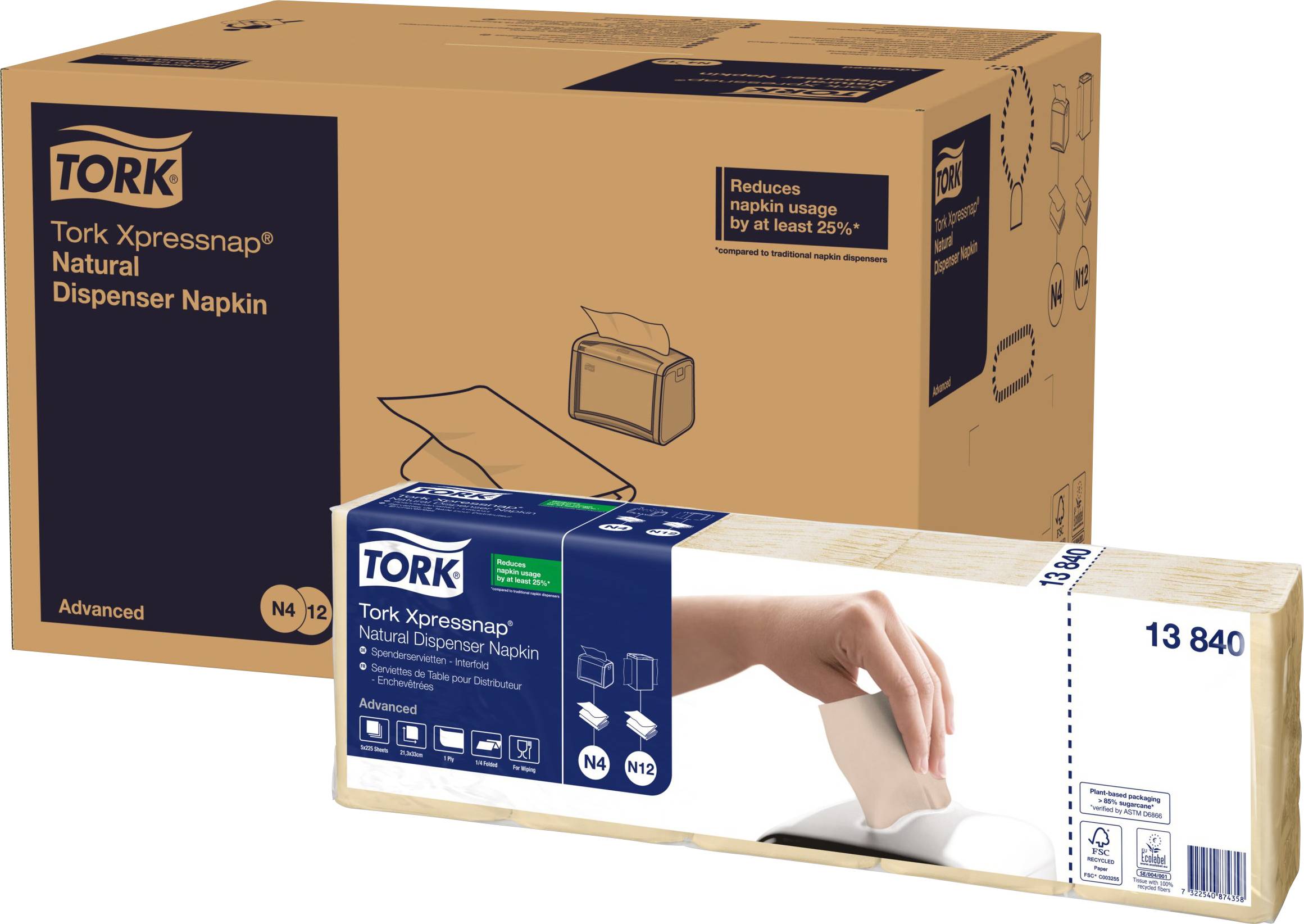 Balení ubrousků Tork Xpressnap Natural Dispenser, které snižuje spotřebu ubrousků o 25 %. Obsahuje obrázek ruky, která vytahuje ubrousek.