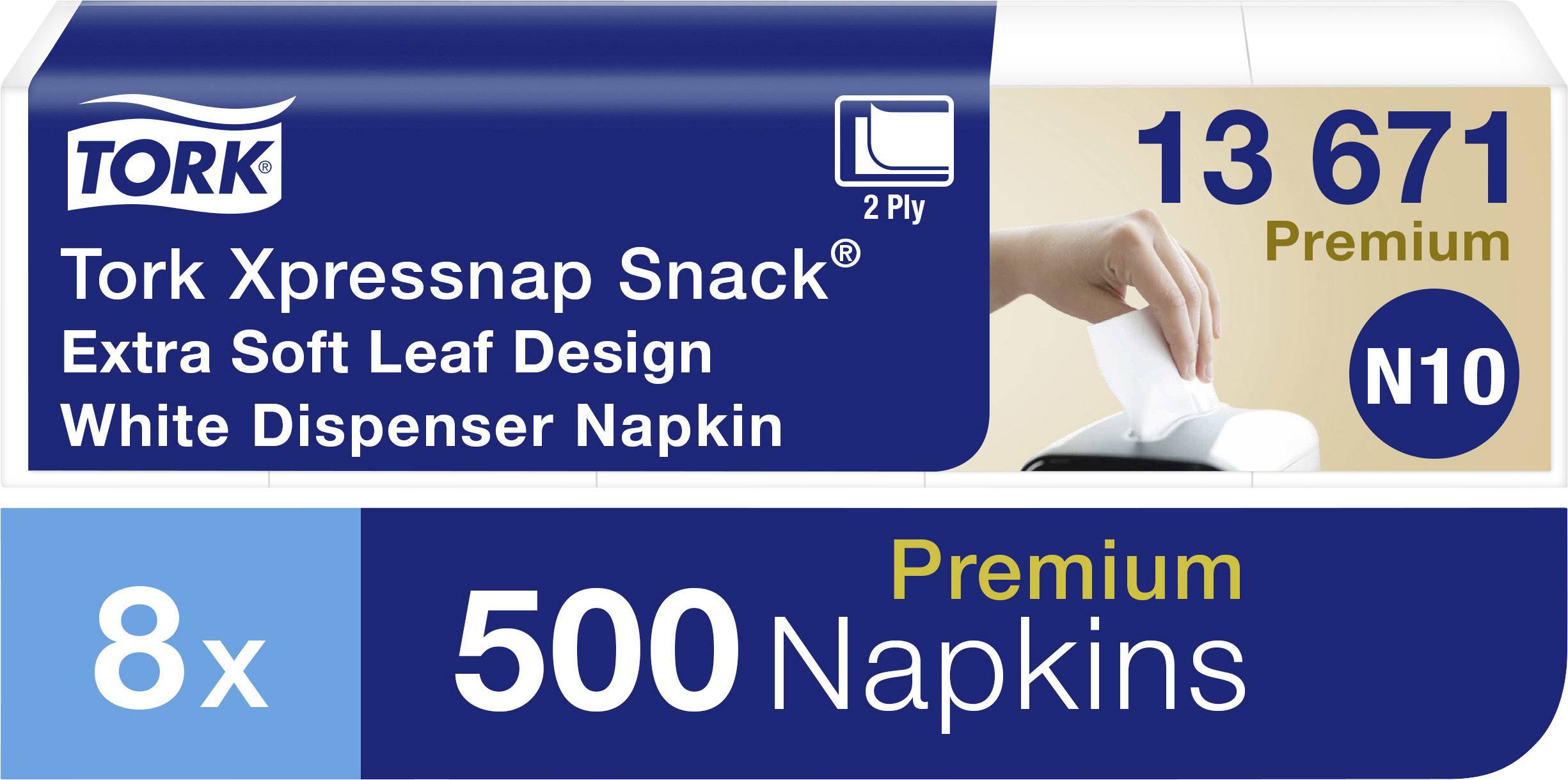 'Tork Xpressnap Snack, 13 671 Premium, 2-vrstvé. Měkké ubrousky v bílé barvě se zásobníkem. Balení obsahuje 500 ubrousků, 8 balení.'