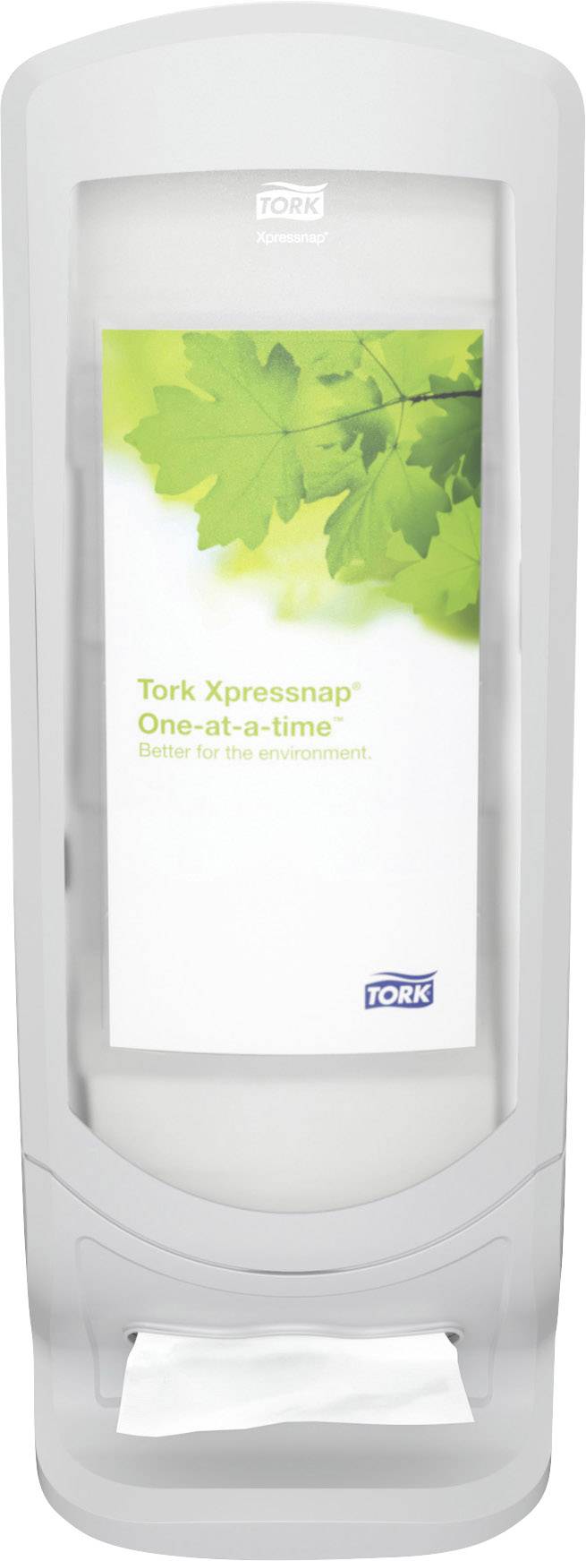 Šedý dávkovač s tabulkou zobrazující zelené listy a text 'Tork Xpressnap, Jeden po jednom, Šetrné k životnímu prostředí'.