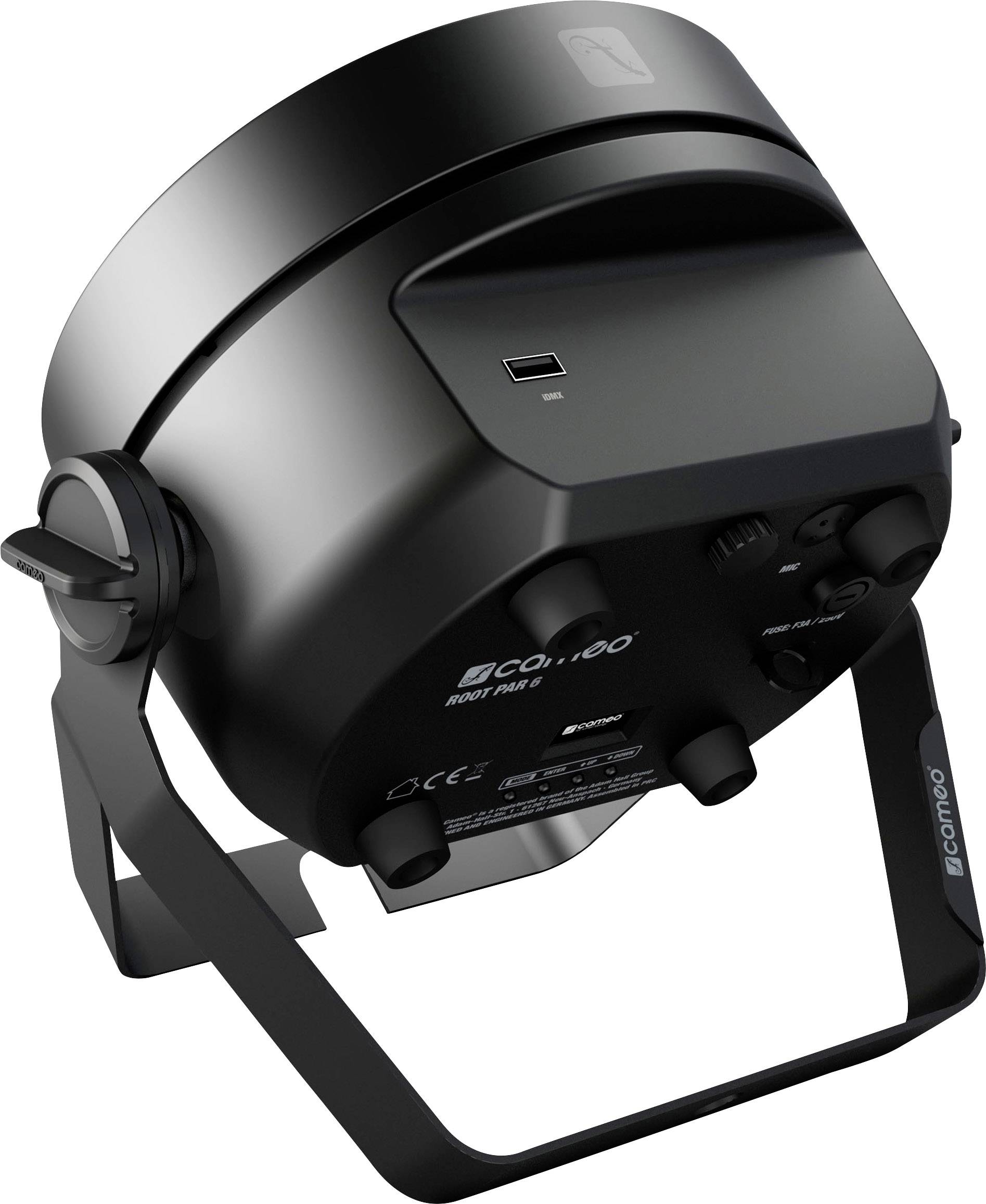 Černošedý reflektor s nastavitelnou podstavou, zobrazující ovládací prvky a přípojky na zadní straně.