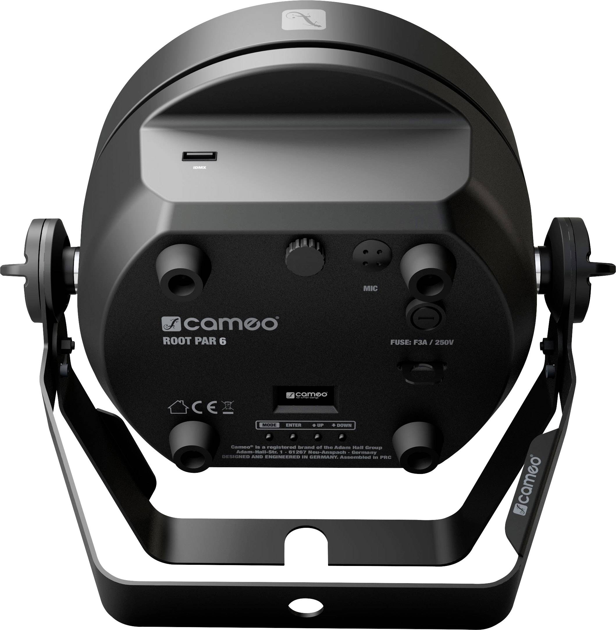 LED reflektor zezadu, zobrazující název značky 'Cameo', konektory a ovládací prvky. Elektronické zařízení pro osvětlení.