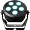 Černý LED reflektor s šesti svítícími modrými LED diodami na černém těle, vhodný pro jevištní osvětlení.