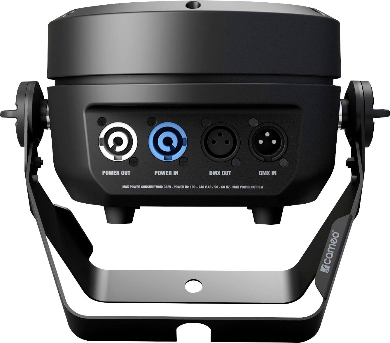 Černý LED reflektor s napájecími a DMX přípoji na zadní straně, vhodný pro jevištní a event techniku.