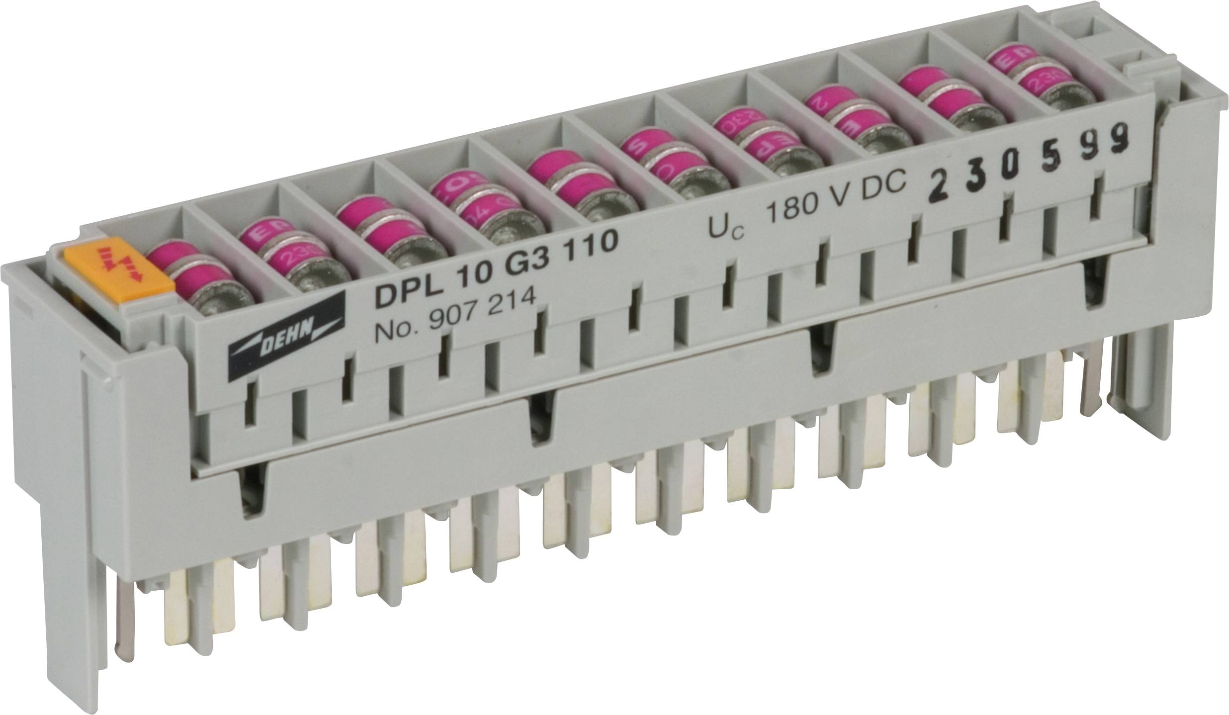 Vertikální konektor s více sloty s růžovým barevným značením, označený štítky 'DPL 10 G3 110', 'Uc 180 V DC'.